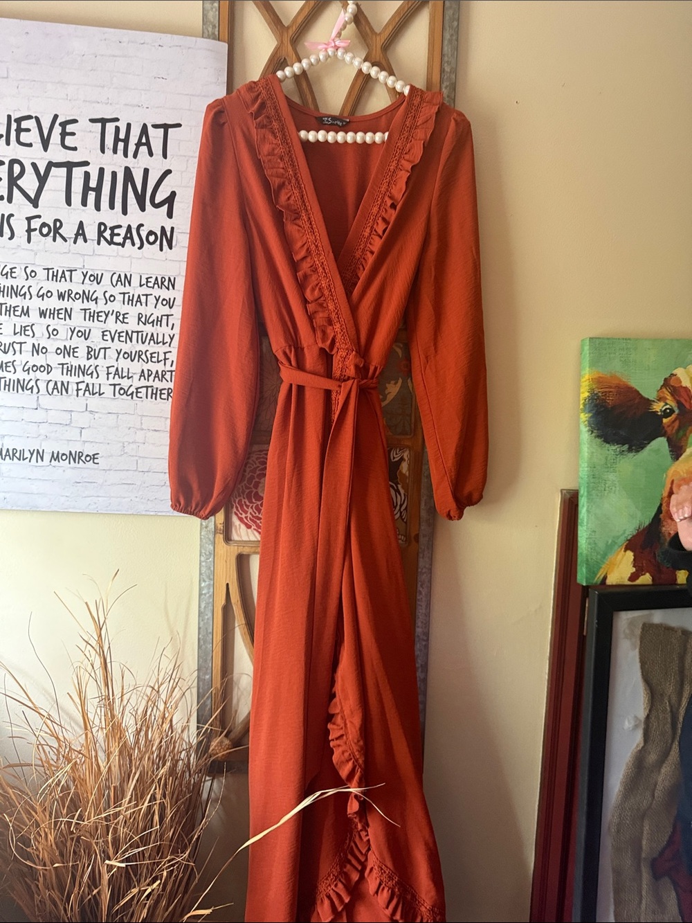 Simplee Rust Orange Ruffle Wrap Maxi Dress